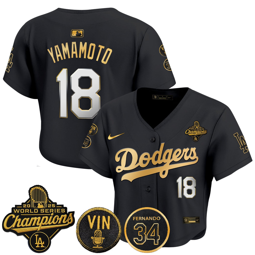 Women's Dodgers 2025 World Series Champions Crop Top Baseball Jersey - Vin Scully & Fernando Patch - All Stitched