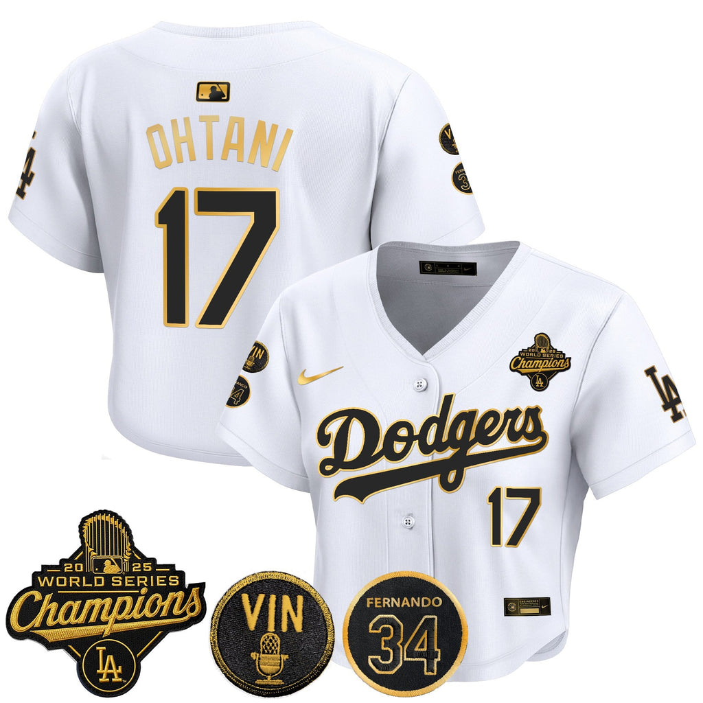 Women's Dodgers 2025 World Series Champions Crop Top Baseball Jersey - Vin Scully & Fernando Patch - All Stitched