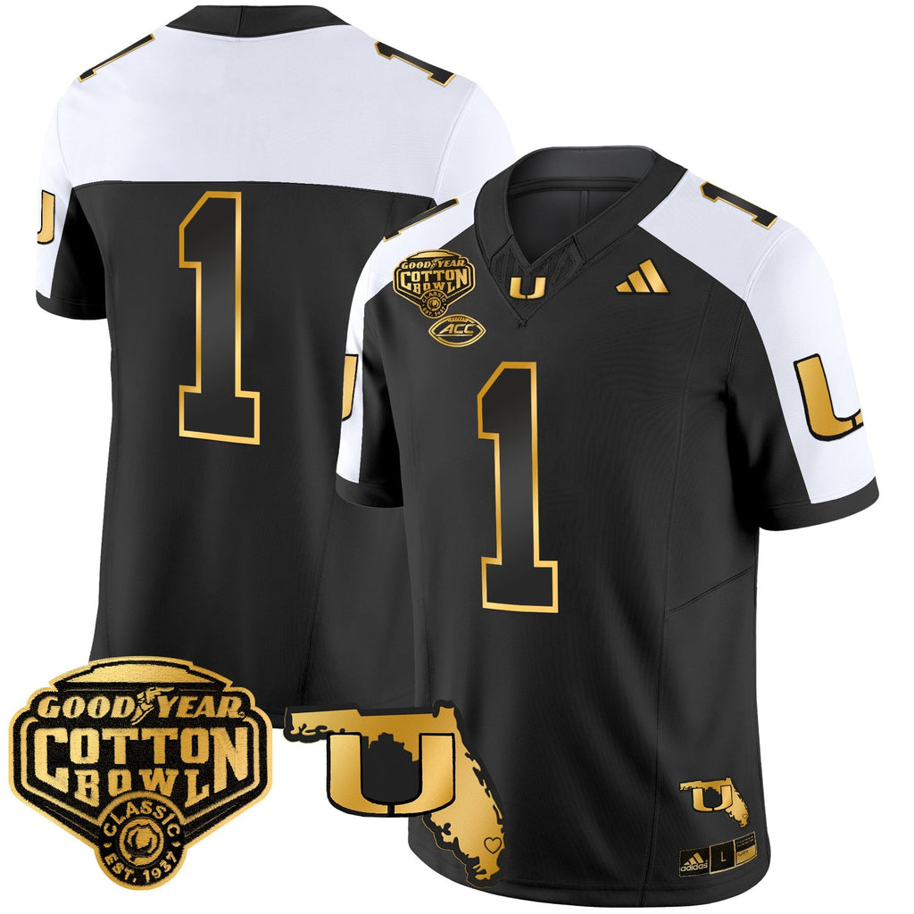Men's Miami Hurricanes 2025/26 Cotton Bowl & Florida Patch Gold Vapor Limited Jersey - All Stitched