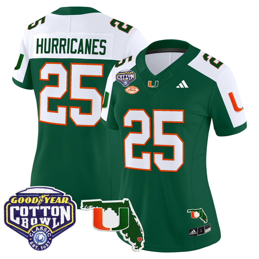 Women's Miami Hurricanes 2025 Cotton Bowl & Florida Patch Vapor Limited Jersey - All Stitched