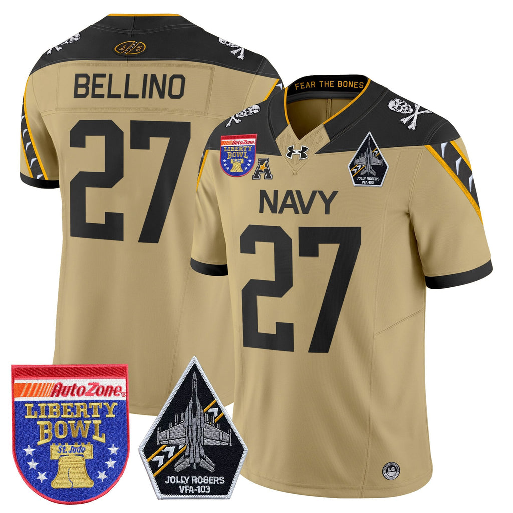 Men's Navy Midshipmen 'Jolly Rogers Edition' Vapor Limited Jersey - 2026 Liberty Bowl Patch - All Stitched