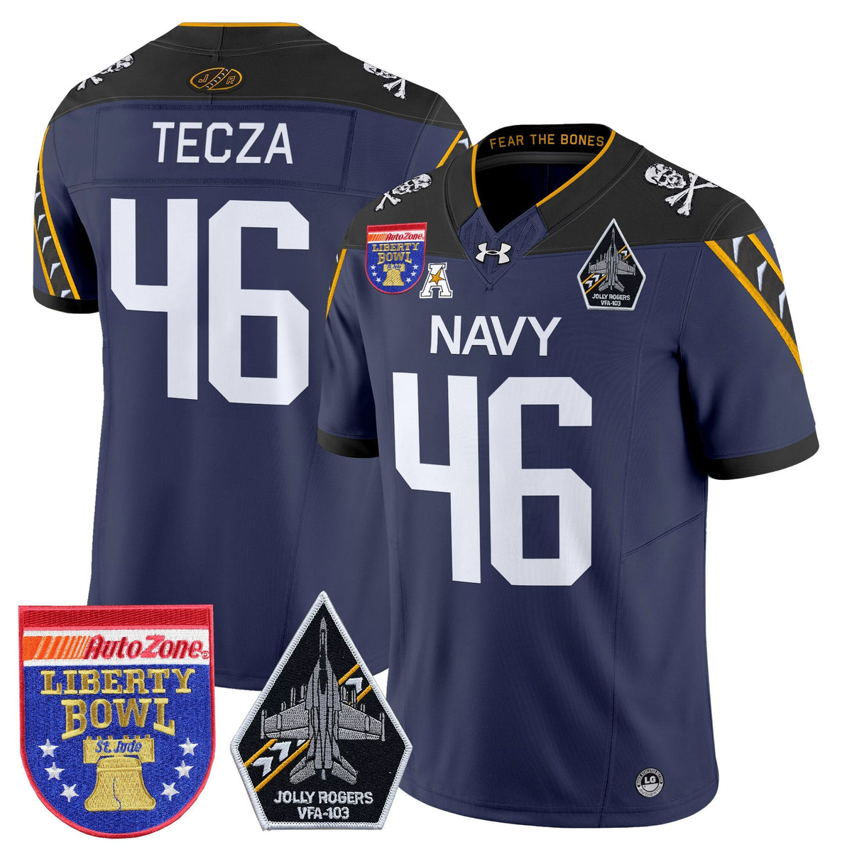 Men's Navy Midshipmen 'Jolly Rogers Edition' Vapor Limited Jersey - 2026 Liberty Bowl Patch - All Stitched