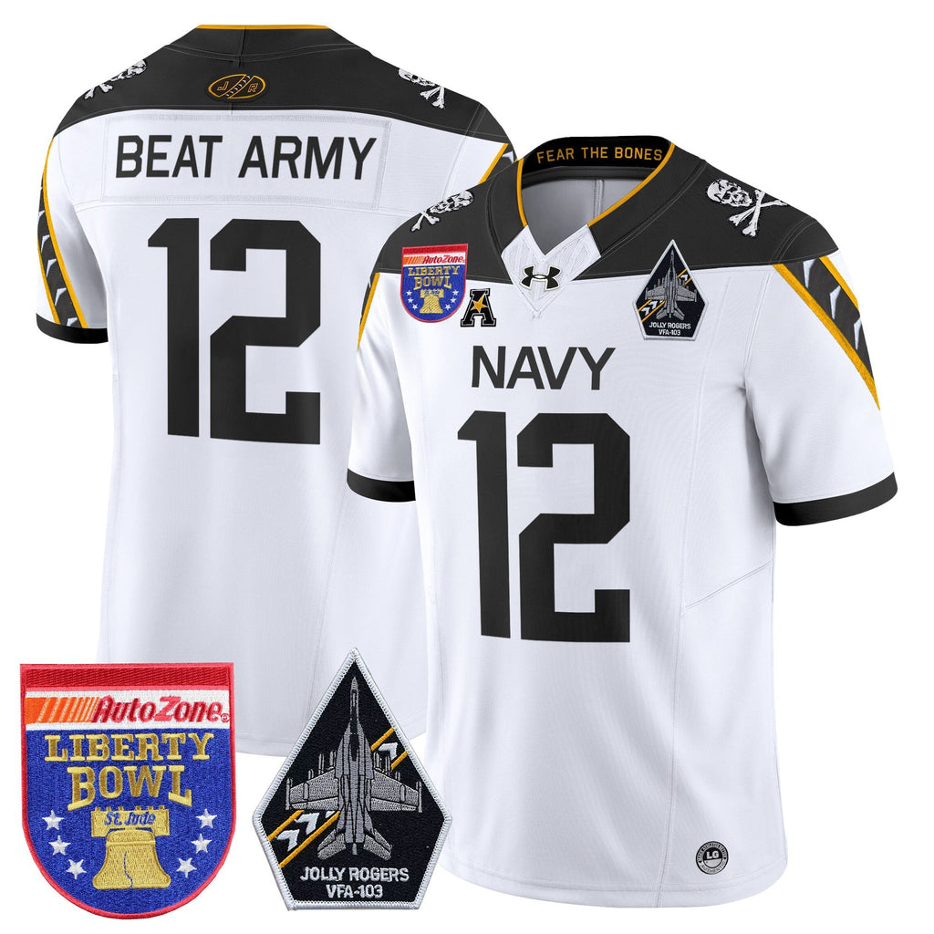 Men's Navy Midshipmen 'Jolly Rogers Edition' Vapor Limited Jersey - 2026 Liberty Bowl Patch - All Stitched