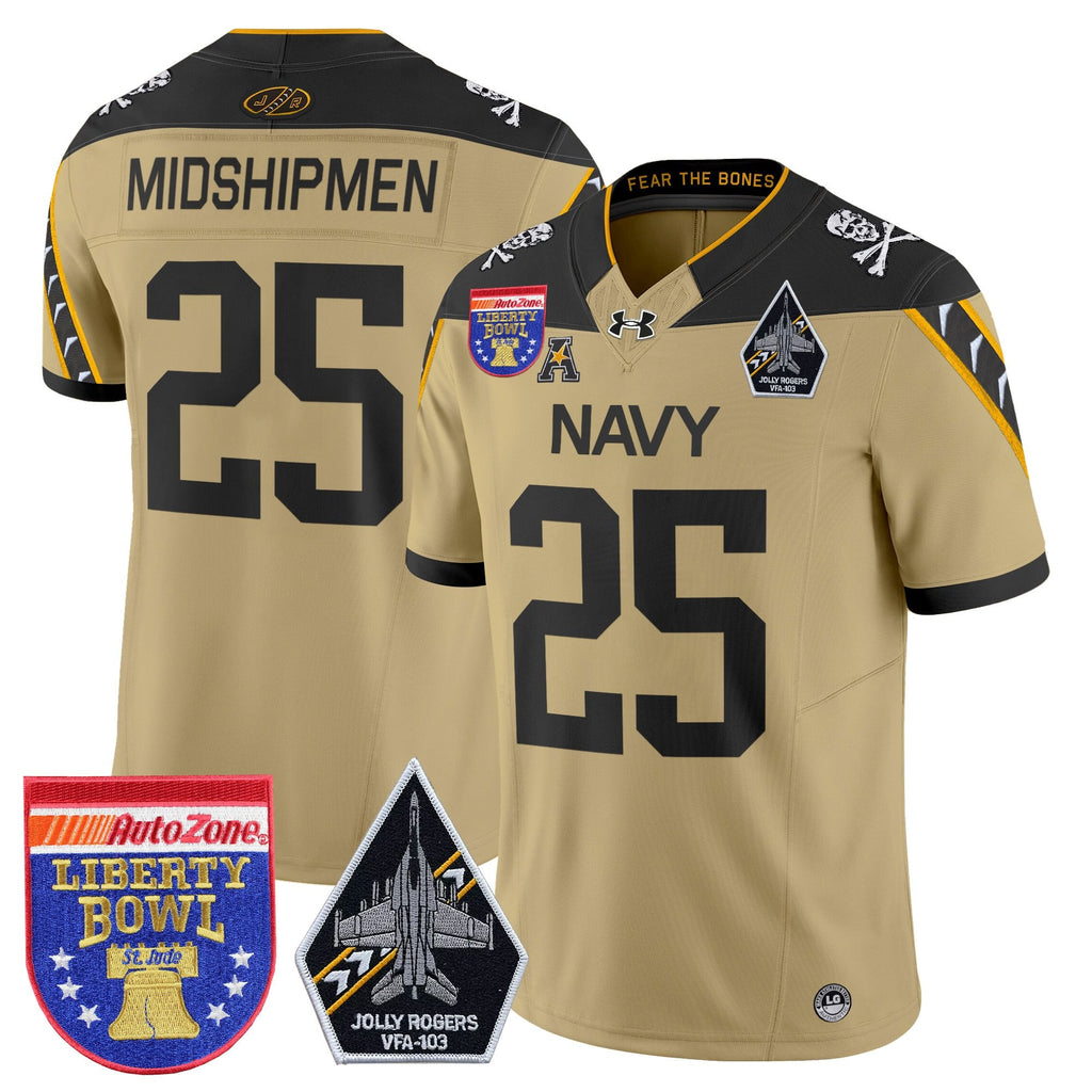 Men's Navy Midshipmen 'Jolly Rogers Edition' Vapor Limited Jersey - 2026 Liberty Bowl Patch - All Stitched