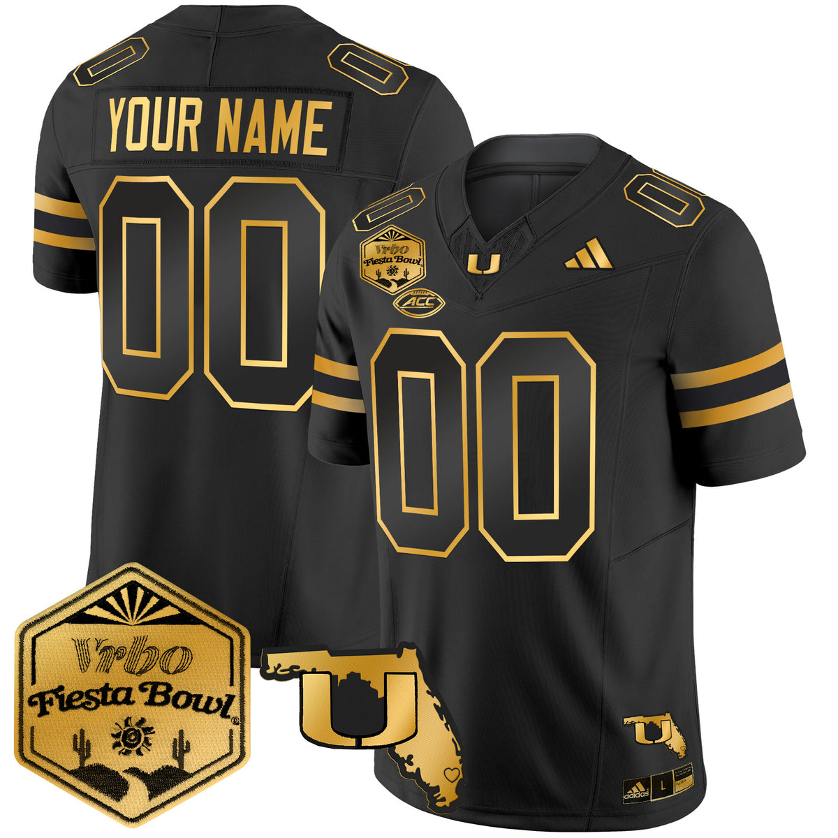 Miami Hurricanes 2026 The Fiesta Bowl & Florida Patch Gold Vapor Limited Custom Jersey - All Stitched