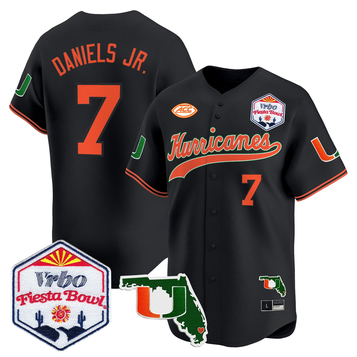 Men's Miami Hurricanes 2026 The Fiesta Bowl & Florida Patch Vapor Baseball Jersey - All Stitched