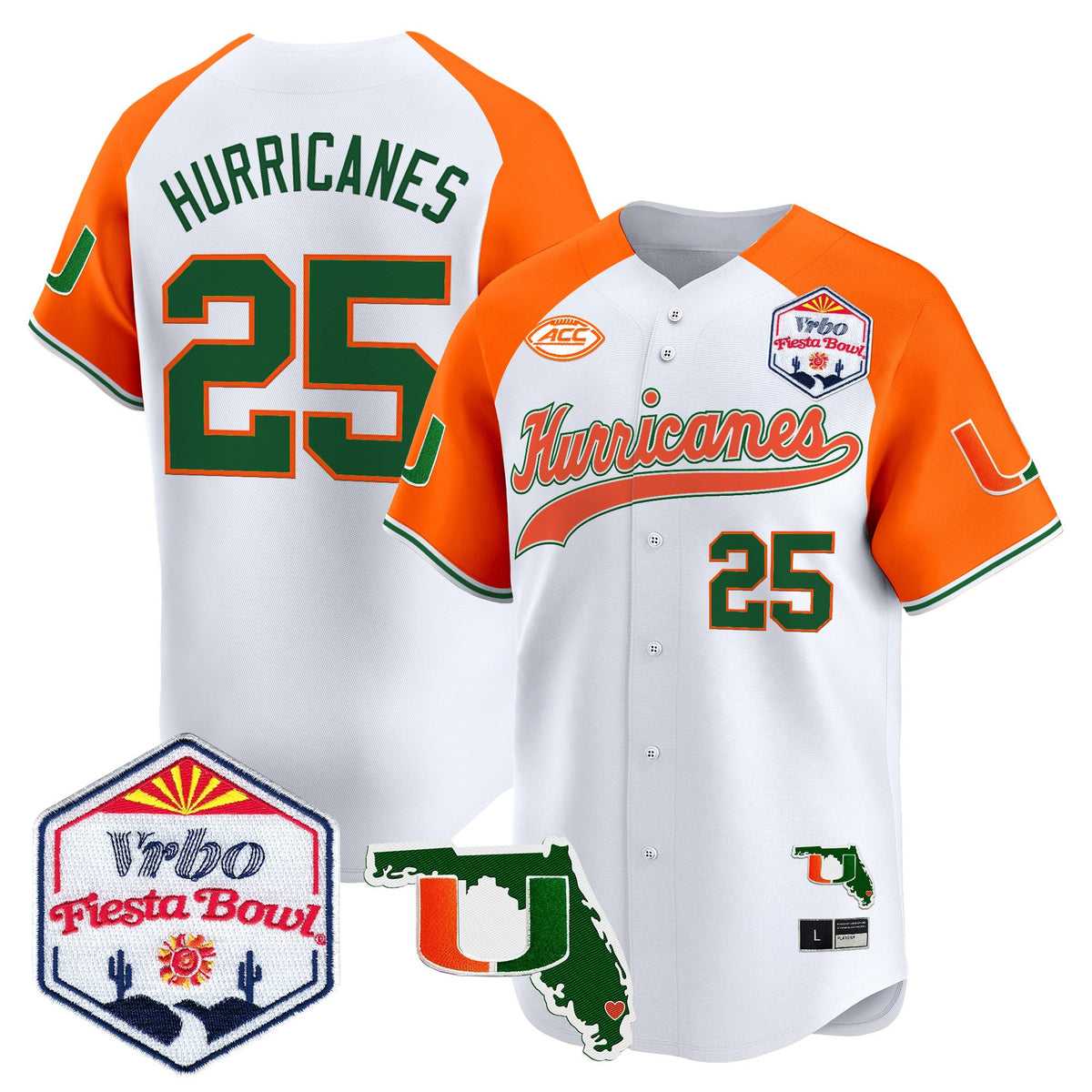 Men's Miami Hurricanes 2026 The Fiesta Bowl & Florida Patch Vapor Baseball Jersey - All Stitched