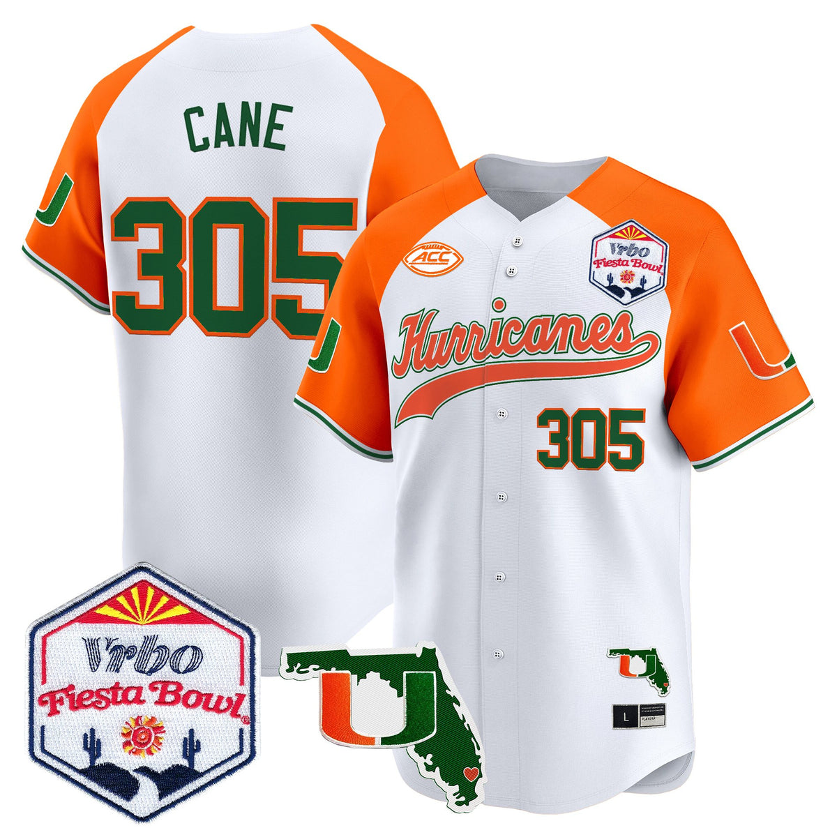 Men's Miami Hurricanes 2026 The Fiesta Bowl & Florida Patch Vapor Baseball Jersey - All Stitched