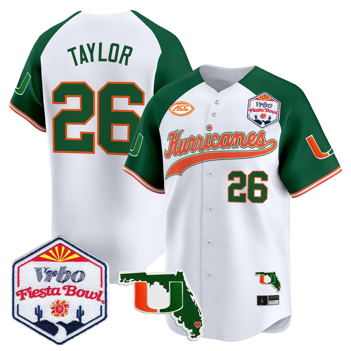 Men's Miami Hurricanes 2026 The Fiesta Bowl & Florida Patch Vapor Baseball Jersey - All Stitched