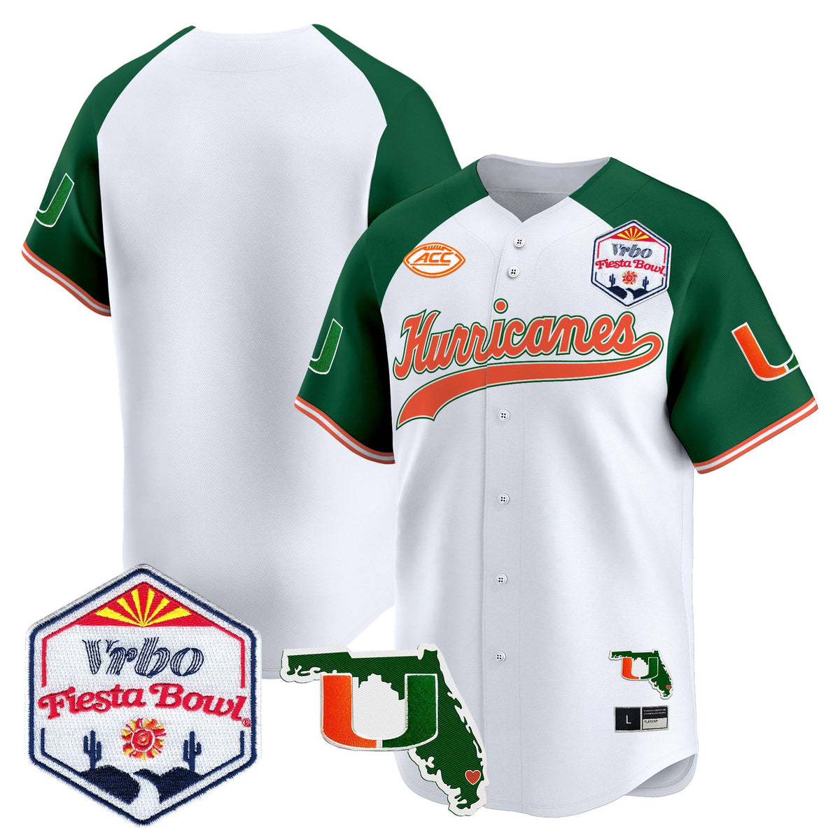 Men's Miami Hurricanes 2026 The Fiesta Bowl & Florida Patch Vapor Baseball Jersey - All Stitched