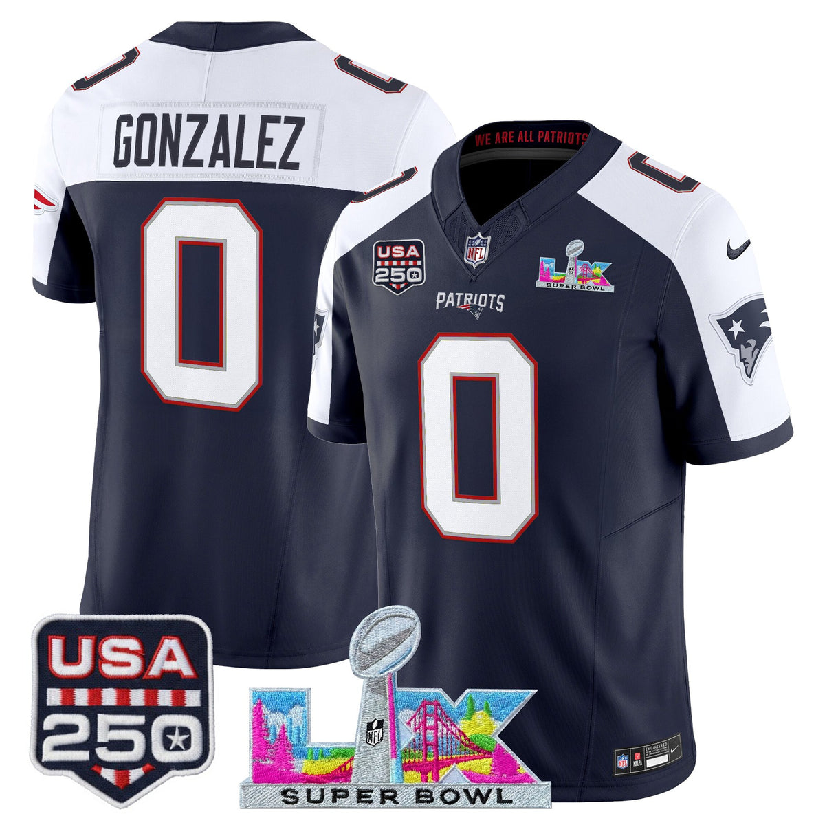 Men's New England Patriots "Super Bowl LX & United States 250th Anniversary Patch" Vapor Limited Jersey - All Stitched
