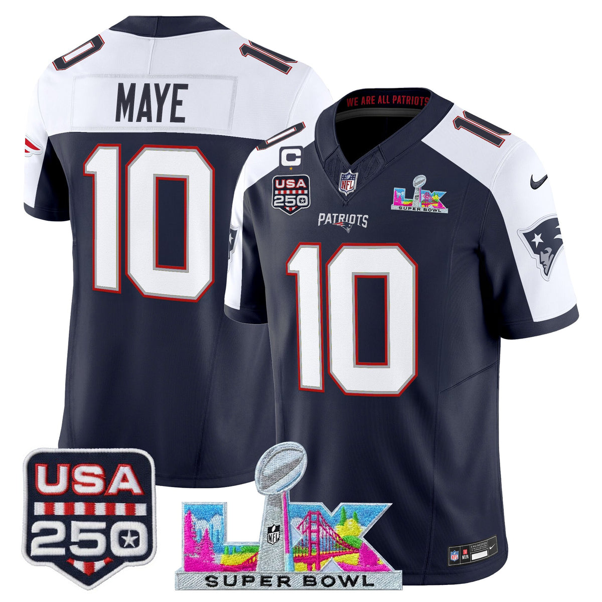 Men's New England Patriots "Super Bowl LX & United States 250th Anniversary Patch" Vapor Limited Jersey - All Stitched