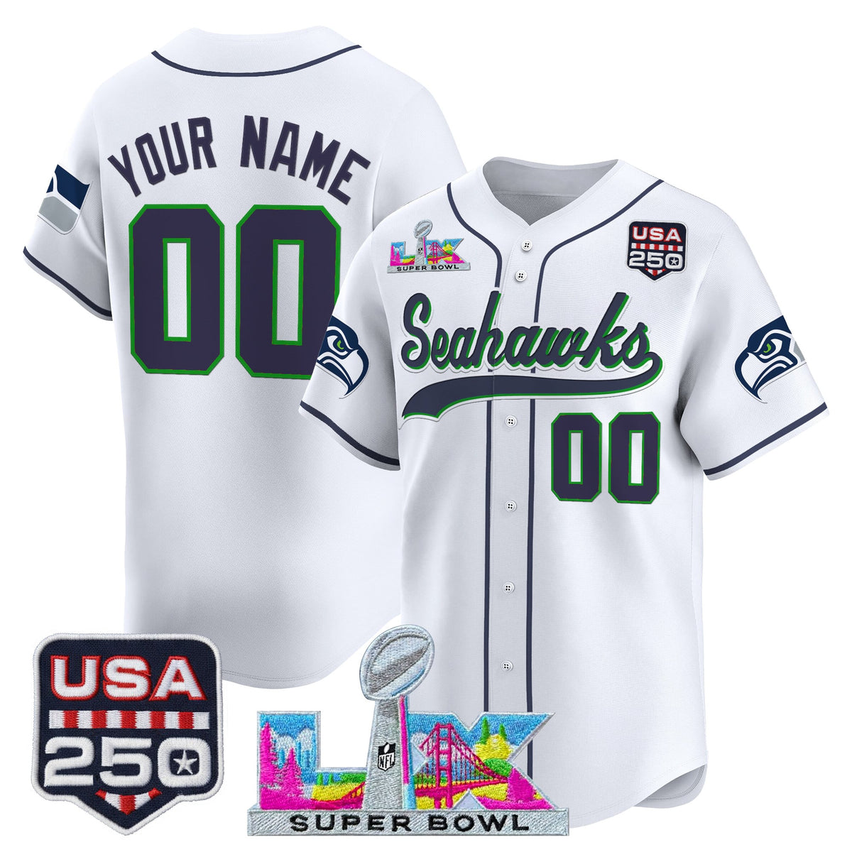 Seattle Seahawks "Super Bowl LX & 250America Patch" Vapor Baseball Custom Jersey - All Stitched