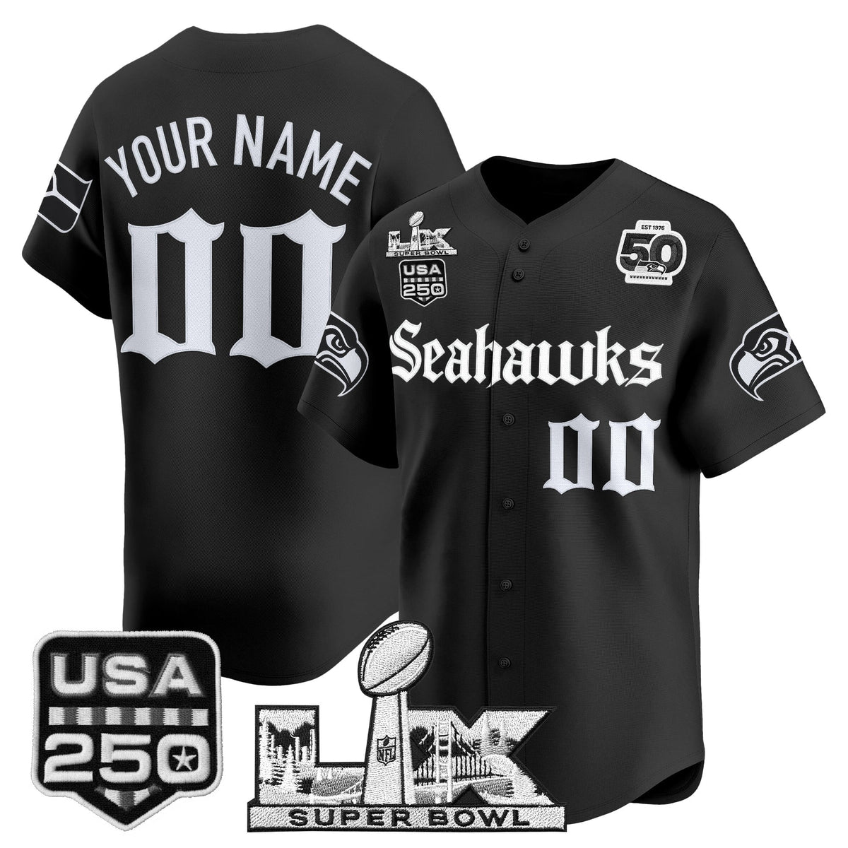Seattle Seahawks “Super Bowl LX & 50th Patch” Vapor Baseball Custom Jersey - Gothic Edition - All Stitched