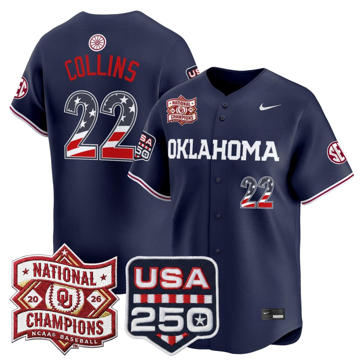 Collins Oklahoma Sooners USA 250 Fourth of July Vapor Premier Limited Jersey - National Champions Patch - All Stitched