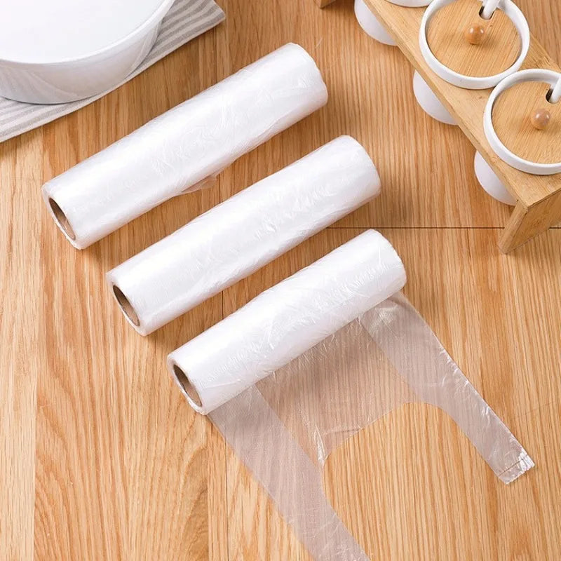 100pcs Transparent Roll Fresh-keeping Plastic Bags 3 Sizes of Vacuum Food Saver Bag Food Storage Bags with Handle Grocery Pouch